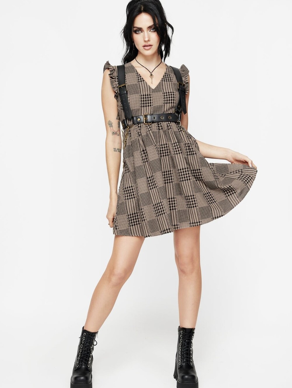 Disturbia Patchwork Plaid Babydoll Mini Dress | US 6 NWT - Picture 3 of 9